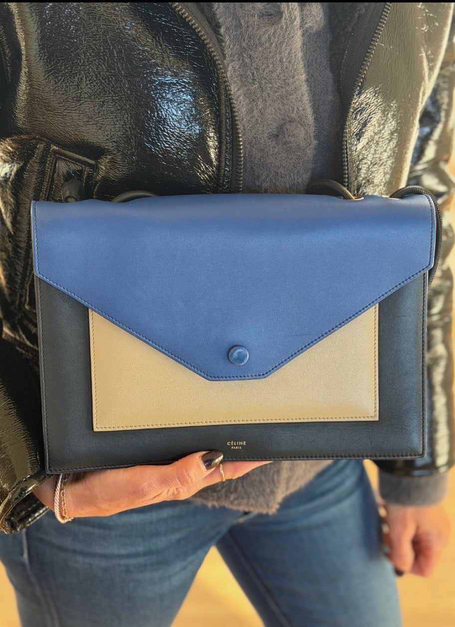 Céline Blue & Beige Leather Shoulder Bag | Pre-Owned