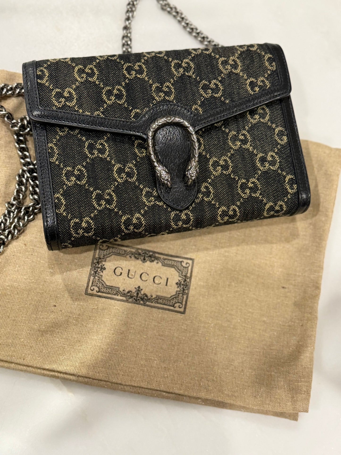 Gucci Dionysus denim wallet on chain