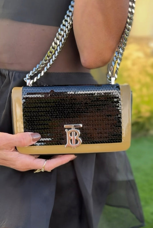 Burberry Black Sequin & Leather Chain Shoulder Bag | Pre-Owned