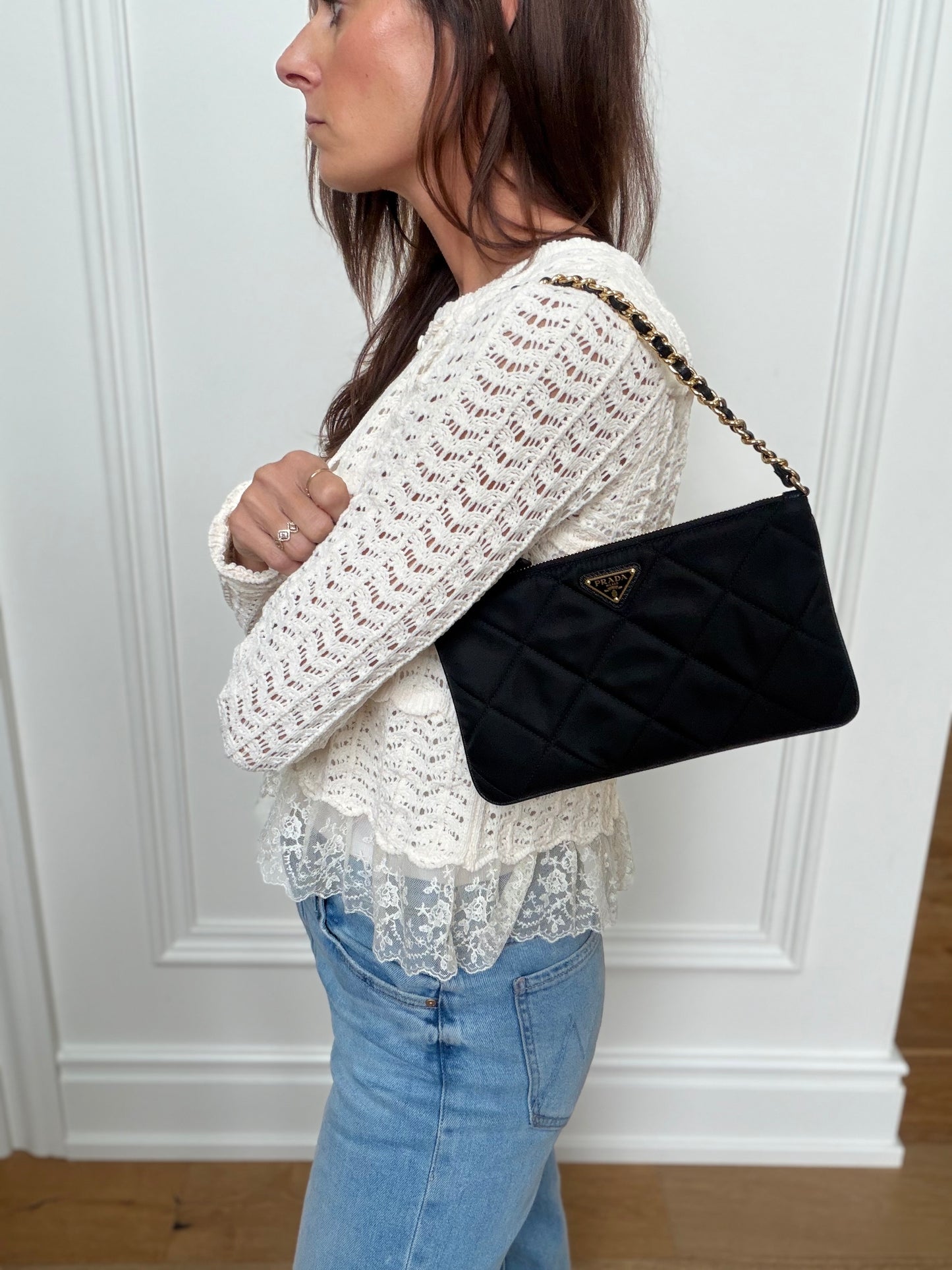 Prada Black Quilted Nylon Chain Shoulder Bag | Pre-Owned